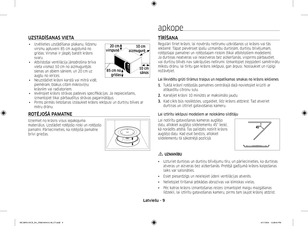 Samsung MC28H5135CK/BA manual Apkope, Uzstādīšanas Vieta, Rotējošā Pamatne, Tīrīšana, Uzmanību 