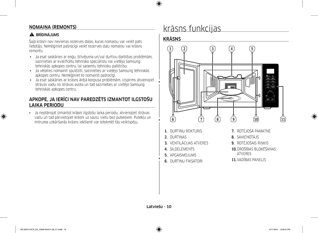 Samsung MC28H5135CK/BA manual Krāsns funkcijas, Nomaiņa Remonts, Brīdinājums 