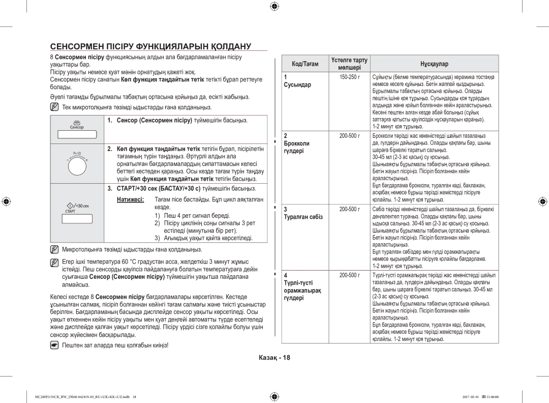 Samsung MC28H5135CK/BW manual Сенсормен Пісіру Функцияларын Қолдану 