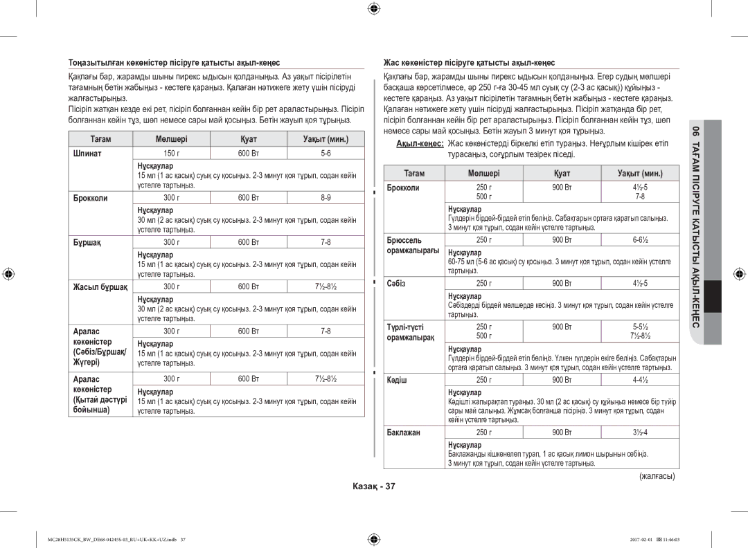 Samsung MC28H5135CK/BW Тоңазытылған көкөністер пісіруге қатысты ақыл-кеңес, Тағам Мөлшері Қуат Уақыт мин Шпинат, Бұршақ 