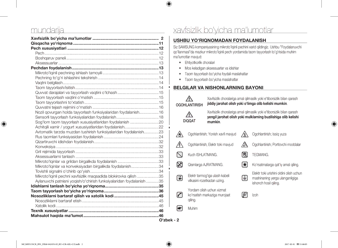 Samsung MC28H5135CK/BW manual Mundarija Xavfsizlik bo’yicha ma’lumotlar, Ushbu Yoriqnomadan Foydalanish 