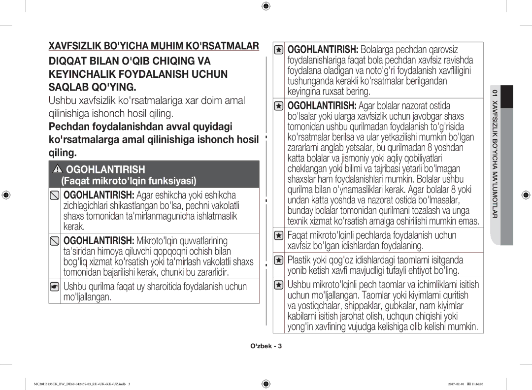 Samsung MC28H5135CK/BW manual Ogohlantirish 