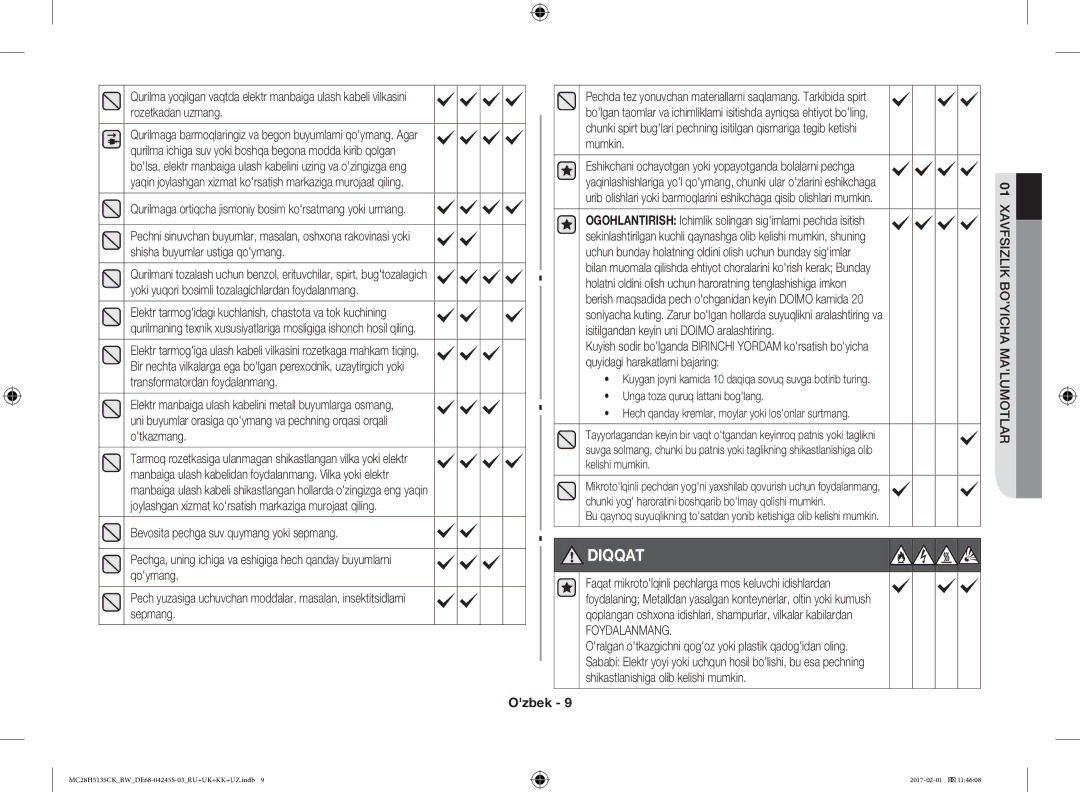 Samsung MC28H5135CK/BW manual Foydalanmang, 01XAVFSIZLIK BO’YICHA MA’LUMOTLAR, Unga toza quruq lattani boglang 