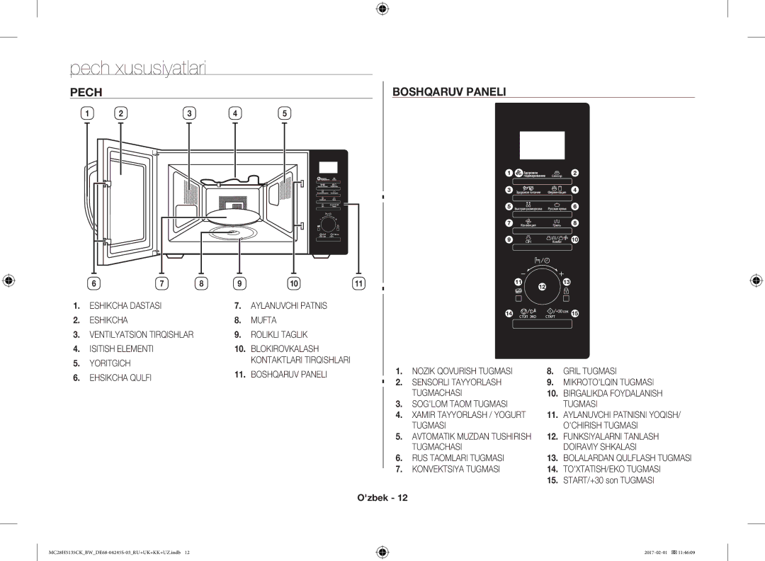 Samsung MC28H5135CK/BW manual Pech xususiyatlari, Pech Boshqaruv Paneli 