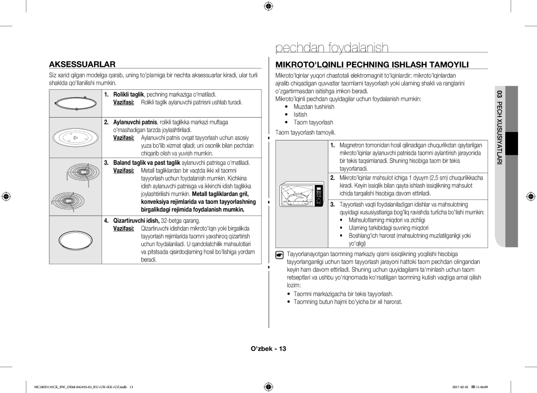 Samsung MC28H5135CK/BW manual Pechdan foydalanish, Aksessuarlar, Mikrotolqinli Pechning Ishlash Tamoyili 