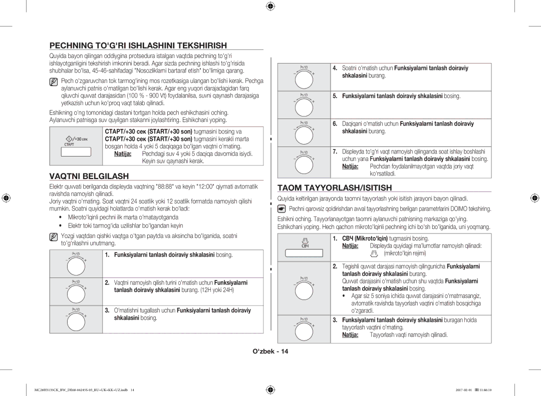 Samsung MC28H5135CK/BW manual Pechning Togri Ishlashini Tekshirish, Vaqtni Belgilash, Taom TAYYORLASH/ISITISH 