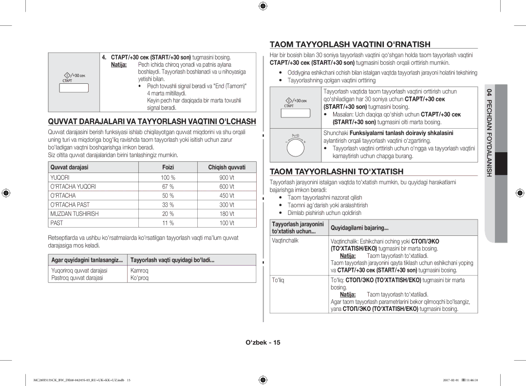 Samsung MC28H5135CK/BW manual Taom Tayyorlash Vaqtini Ornatish, Taom Tayyorlashni Toxtatish 