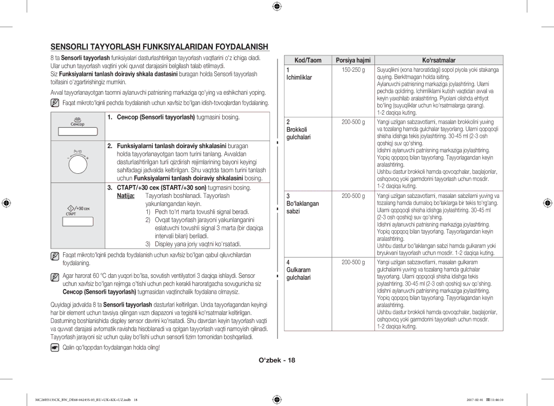 Samsung MC28H5135CK/BW manual Sensorli Tayyorlash Funksiyalaridan Foydalanish, Сенсор Sensorli tayyorlash tugmasini bosing 