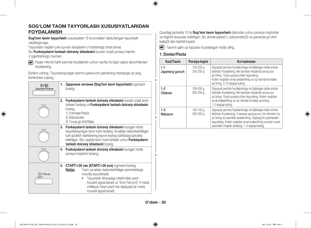 Samsung MC28H5135CK/BW manual Soglom Taom Tayyorlash Xususiyatlaridan Foydalanish, Donlar/Pasta, Olabuta, Makaron 