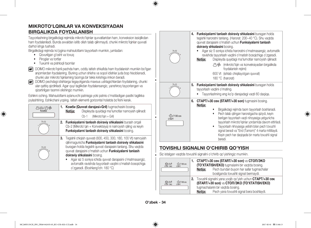 Samsung MC28H5135CK/BW manual Mikrotolqinlar VA Konveksiyadan Birgalikda Foydalanish, Tovishli Signalni Ochirib Qoyish 