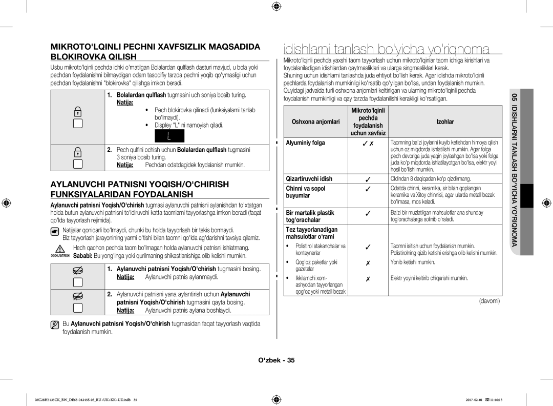 Samsung MC28H5135CK/BW manual Mikrotolqinli Pechni Xavfsizlik Maqsadida Blokirovka Qilish 