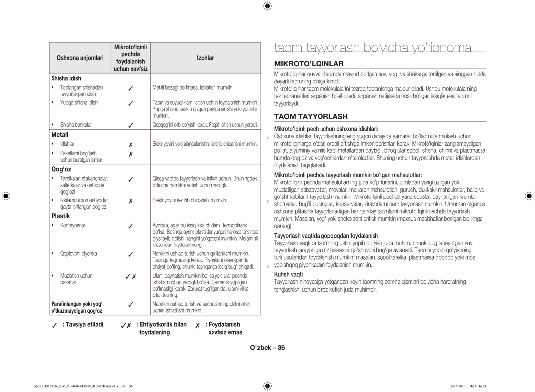 Samsung MC28H5135CK/BW manual Mikrotolqinlar, Taom Tayyorlash 