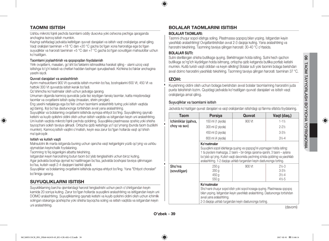 Samsung MC28H5135CK/BW manual Taomni Isitish, Suyuqliklarni Isitish, Bolalar Taomlarini Isitish, Izoh 