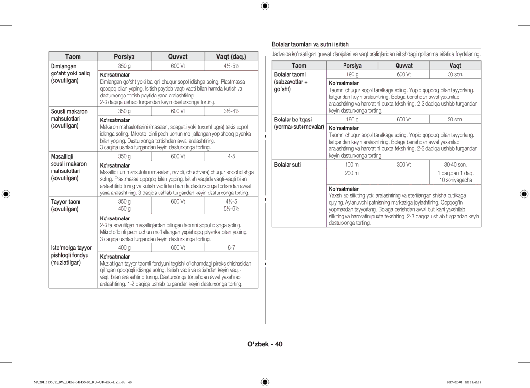 Samsung MC28H5135CK/BW manual Taom Porsiya Quvvat Vaqt 