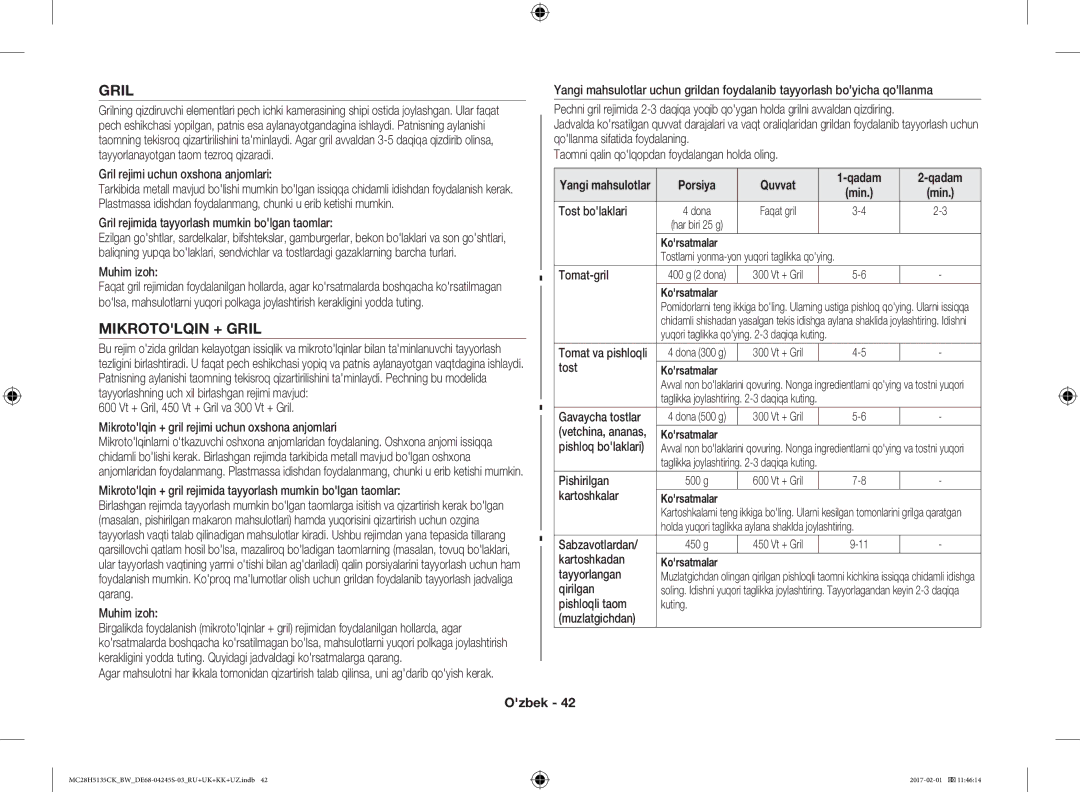 Samsung MC28H5135CK/BW manual Mikrotolqin + Gril, Porsiya Quvvat Qadam 