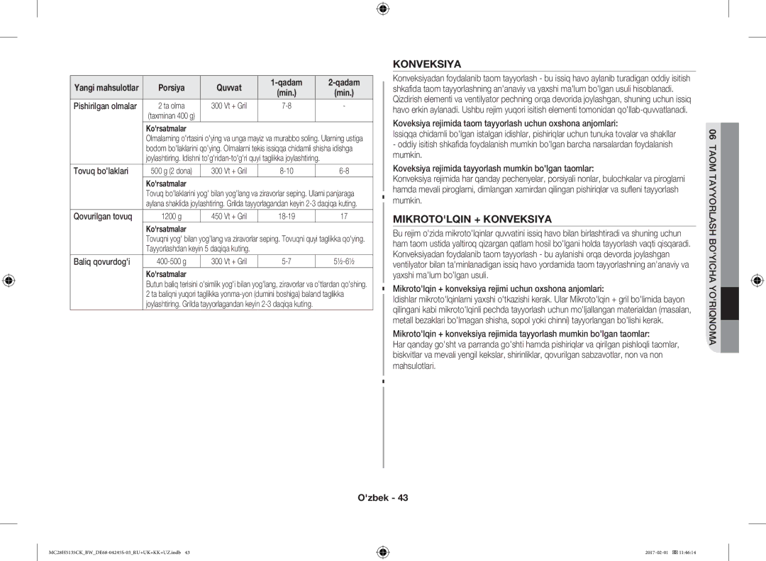 Samsung MC28H5135CK/BW manual Mikrotolqin + Konveksiya, Baliq qovurdogi 