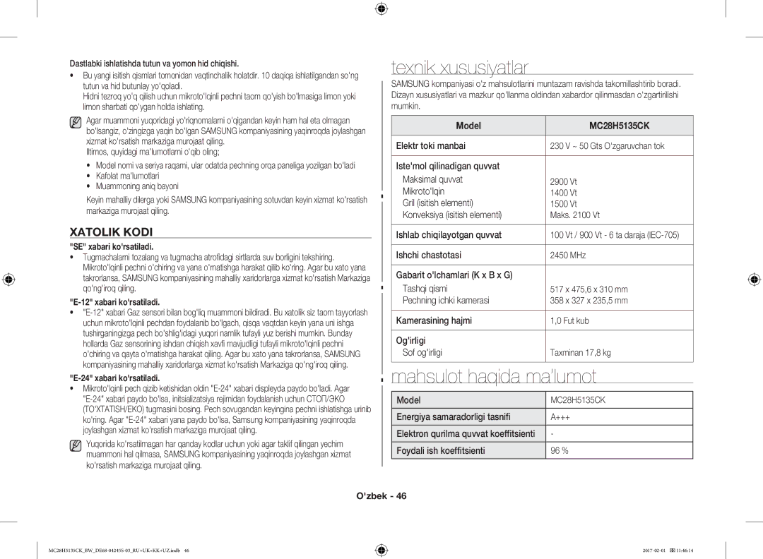 Samsung MC28H5135CK/BW manual Texnik xususiyatlar, Mahsulot haqida ma’lumot, Xatolik Kodi 