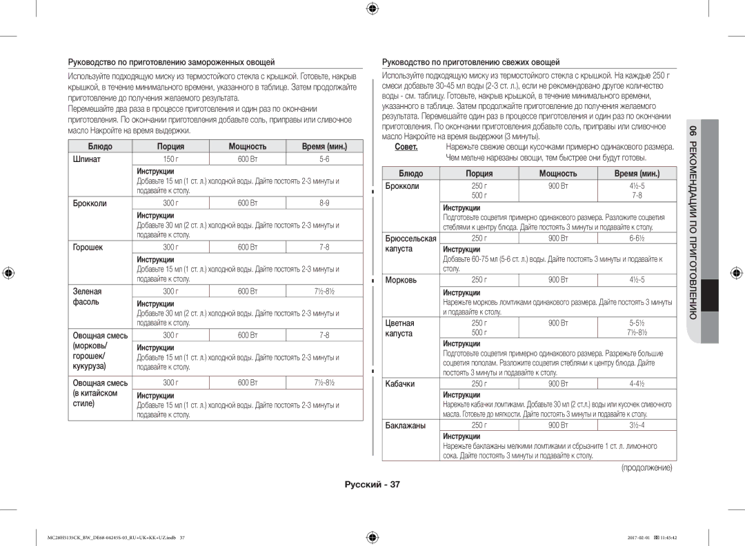 Samsung MC28H5135CK/BW manual Блюдо Порция Мощность Время мин 