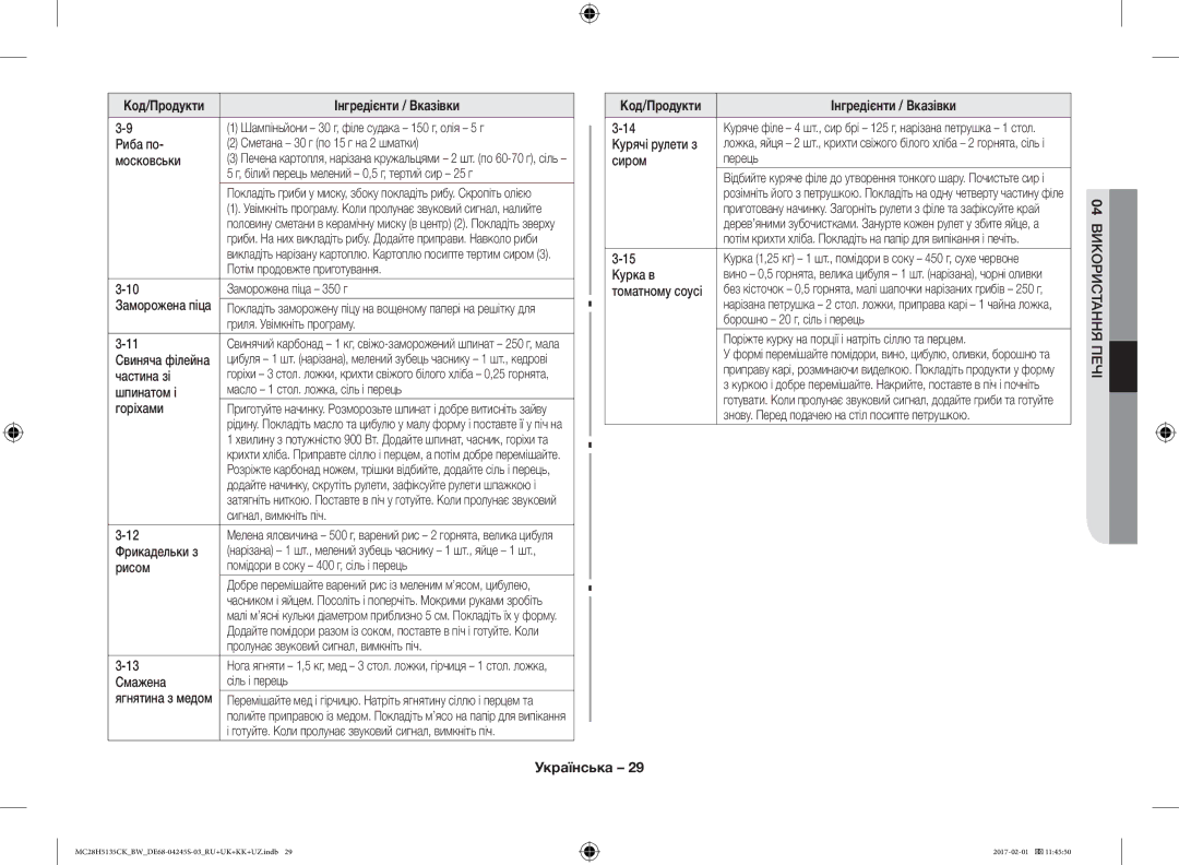 Samsung MC28H5135CK/BW manual Московськи, Частина зі, Шпинатом і, Горіхами, Фрикадельки з, Смажена, Сиром, Курка в 
