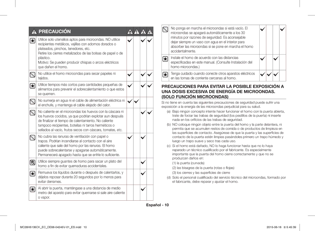 Samsung MC28H5135CK/EC manual Precaución, Nada en los orificios de las trabas de seguridad 