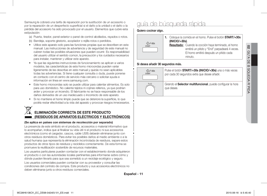 Samsung MC28H5135CK/EC manual Guía de búsqueda rápida, Quiero cocinar algo, INICIO/+30s, Si desea añadir 30 segundos más 