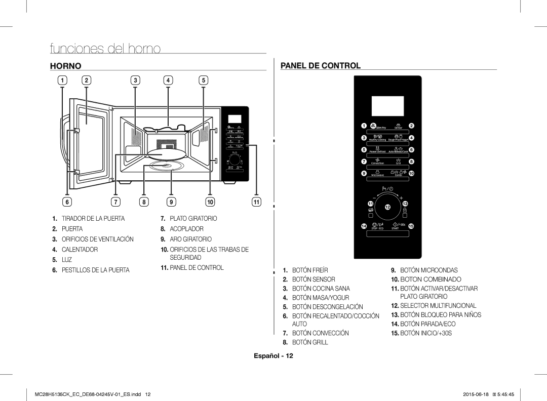 Samsung MC28H5135CK/EC manual Funciones del horno, Horno Panel DE Control, Luz 