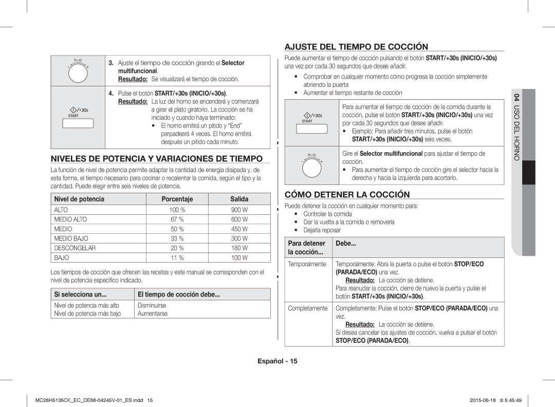 Samsung MC28H5135CK/EC Niveles DE Potencia Y Variaciones DE Tiempo, Ajuste DEL Tiempo DE Cocción, Cómo Detener LA Cocción 