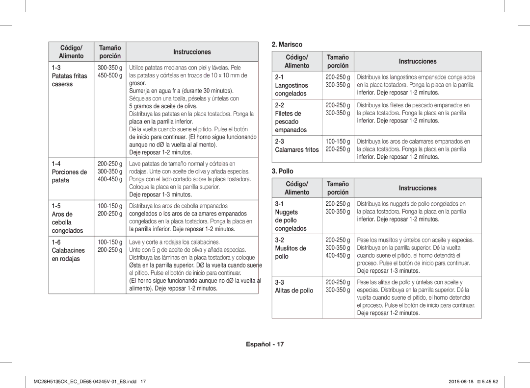 Samsung MC28H5135CK/EC manual Marisco, Pollo 