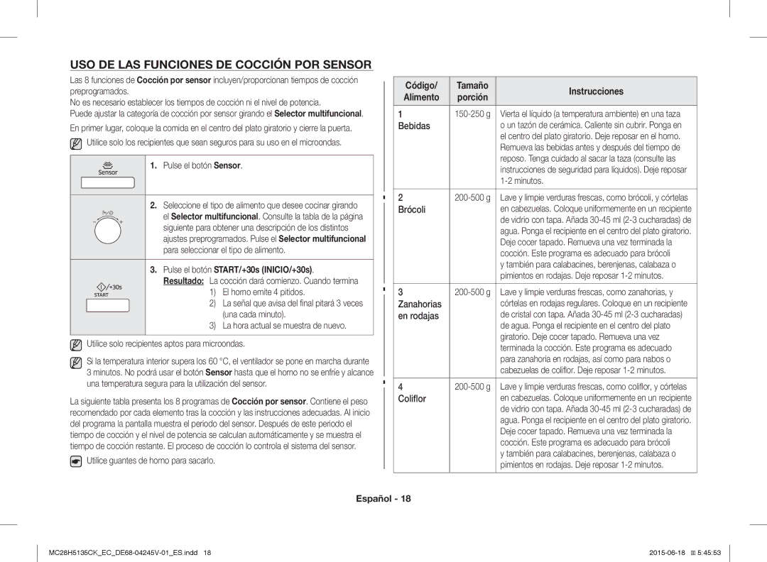 Samsung MC28H5135CK/EC manual USO DE LAS Funciones DE Cocción POR Sensor, Porción 