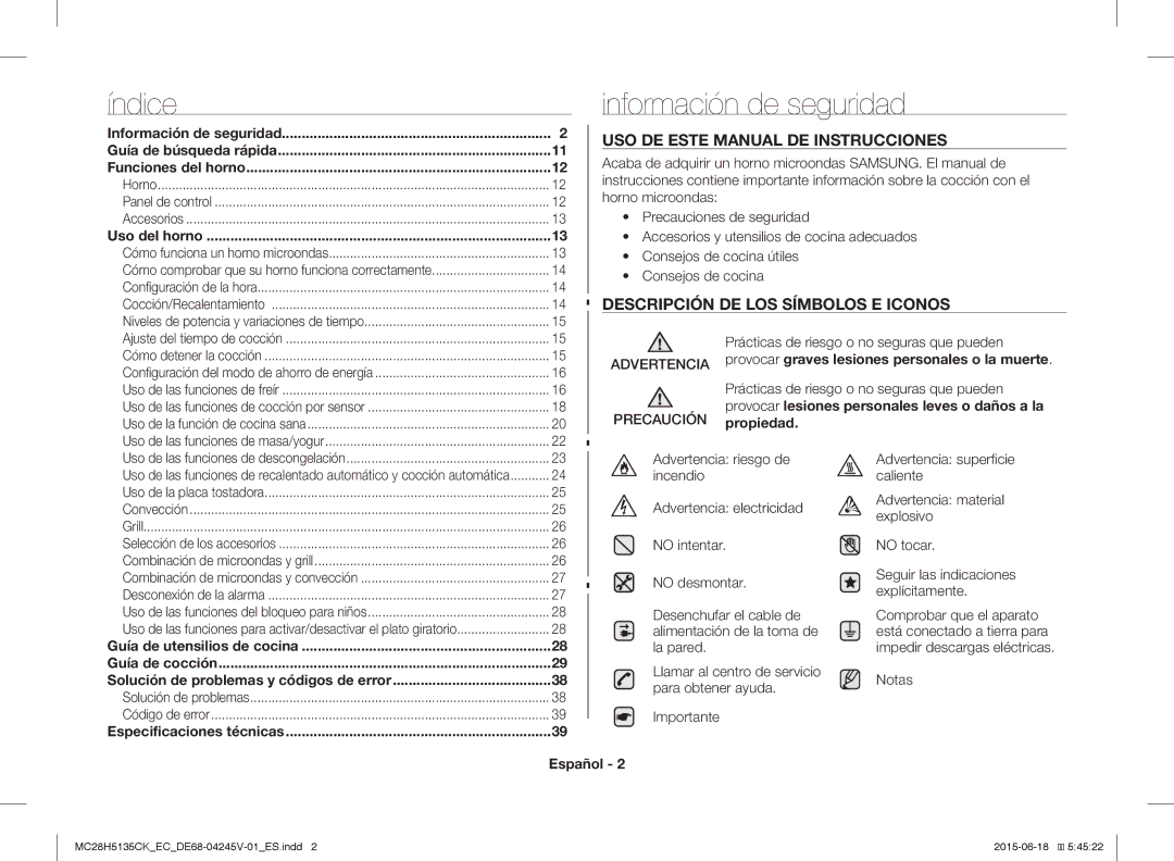 Samsung MC28H5135CK/EC manual Índice, Información de seguridad, USO DE Este Manual DE Instrucciones, Español 