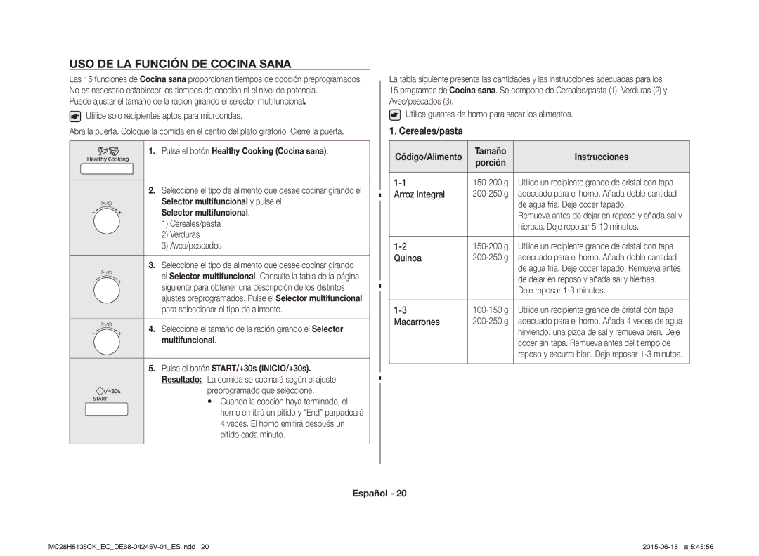 Samsung MC28H5135CK/EC manual USO DE LA Función DE Cocina Sana, Cereales/pasta, Pulse el botón Healthy Cooking Cocina sana 