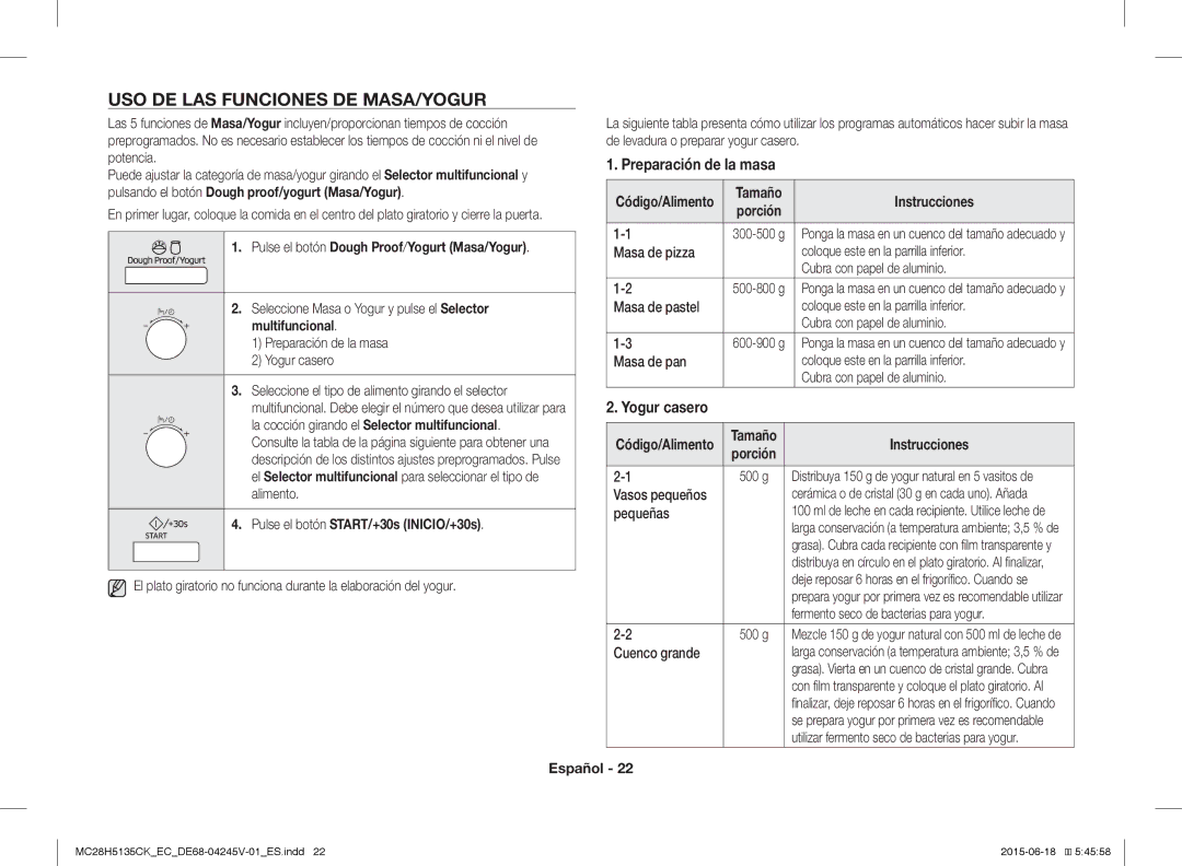 Samsung MC28H5135CK/EC manual USO DE LAS Funciones DE MASA/YOGUR, Preparación de la masa, Yogur casero 