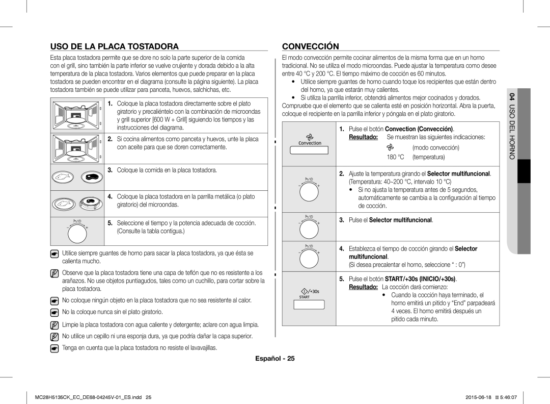 Samsung MC28H5135CK/EC manual USO DE LA Placa Tostadora Convección, Pulse el botón Convection Convección 