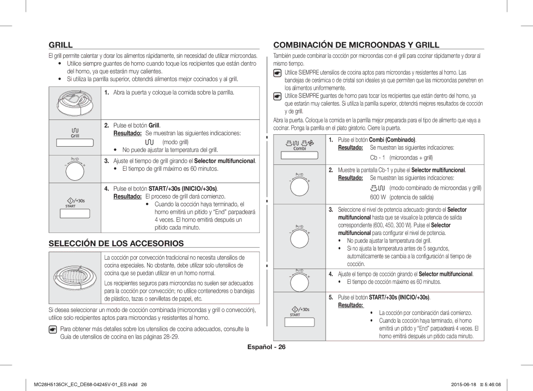 Samsung MC28H5135CK/EC manual Grill Combinación DE Microondas Y Grill, Selección DE LOS Accesorios 