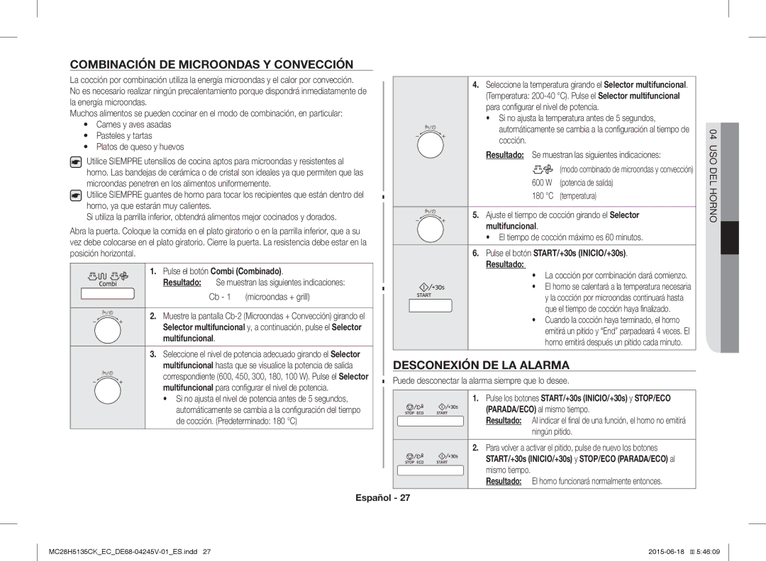 Samsung MC28H5135CK/EC manual Combinación DE Microondas Y Convección, Desconexión DE LA Alarma 