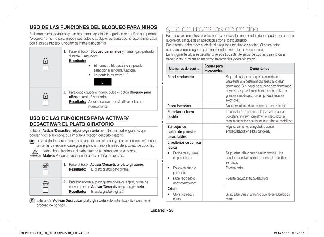 Samsung MC28H5135CK/EC manual Guía de utensilios de cocina, USO DE LAS Funciones DEL Bloqueo Para Niños 