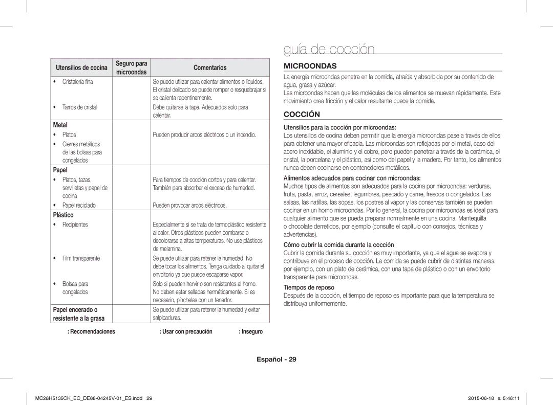 Samsung MC28H5135CK/EC manual Guía de cocción, Microondas, Cocción 