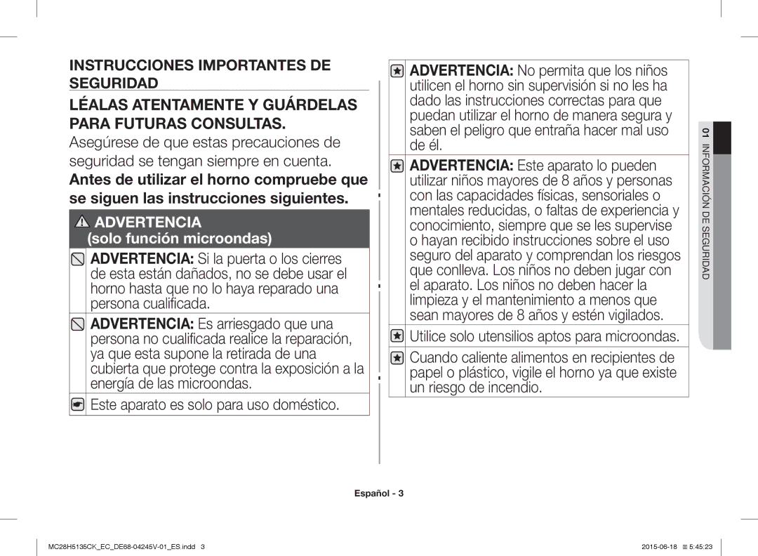 Samsung MC28H5135CK/EC manual Este aparato es solo para uso doméstico, Instrucciones Importantes DE Seguridad 