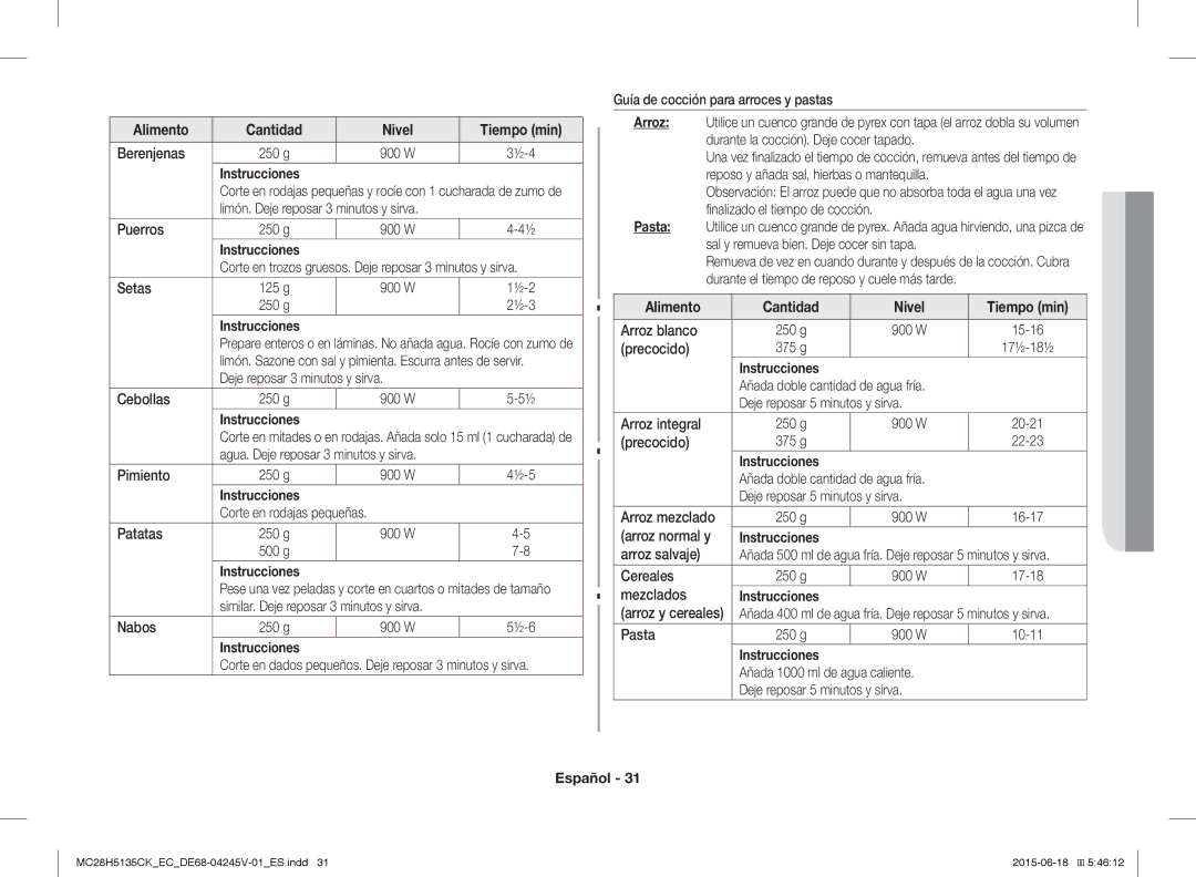 Samsung MC28H5135CK/EC manual Arroz, Pasta, 06 Guía DE Cocción 