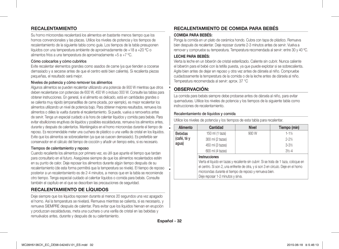 Samsung MC28H5135CK/EC Recalentamiento Recalentamiento DE Comida Para Bebés, Observación, Recalentamiento DE Líquidos 