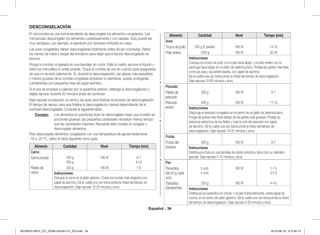 Samsung MC28H5135CK/EC manual Descongelación, Consejo 