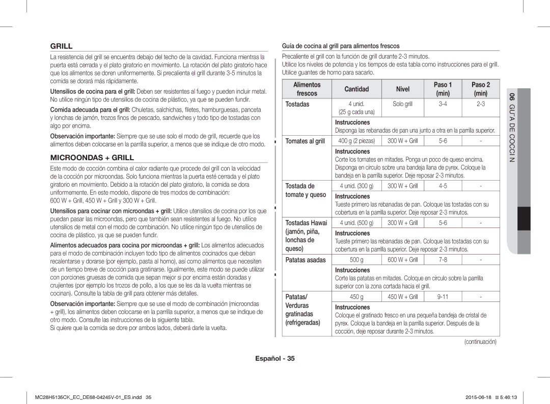 Samsung MC28H5135CK/EC manual Microondas + Grill, Alimentos Cantidad Nivel Paso Frescos 