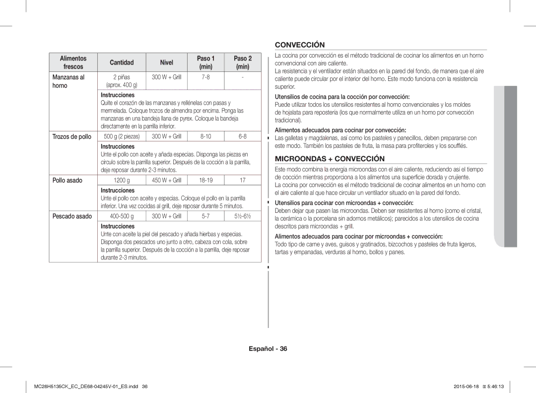 Samsung MC28H5135CK/EC manual Microondas + Convección, Manzanas al, Horno 