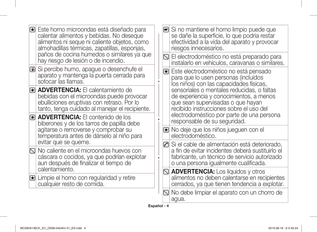 Samsung MC28H5135CK/EC manual No deje que los niños jueguen con el electrodoméstico 