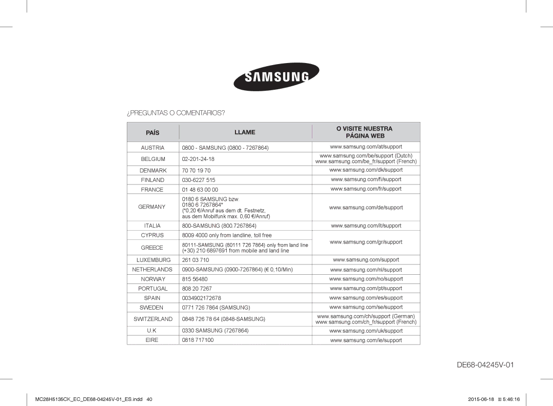 Samsung MC28H5135CK/EC Samsung 0800, 02-201-24-18, 70 70 19, 030-6227, 01 48 63 00 0180 6 Samsung bzw, 261 03, 815, 808 20 