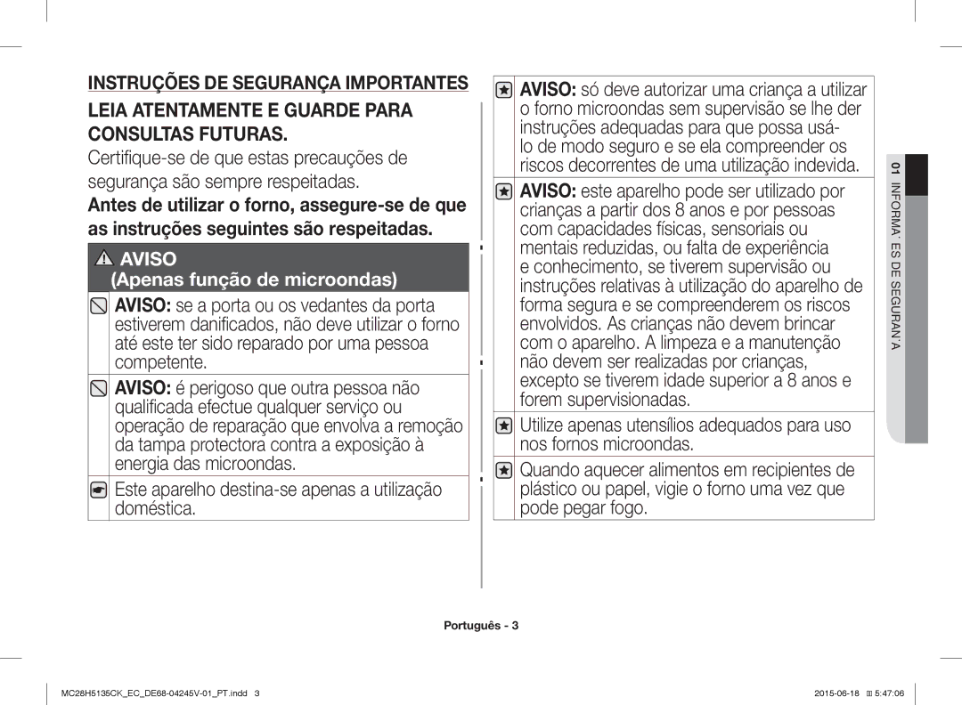 Samsung MC28H5135CK/EC manual Leia Atentamente E Guarde Para Consultas Futuras 