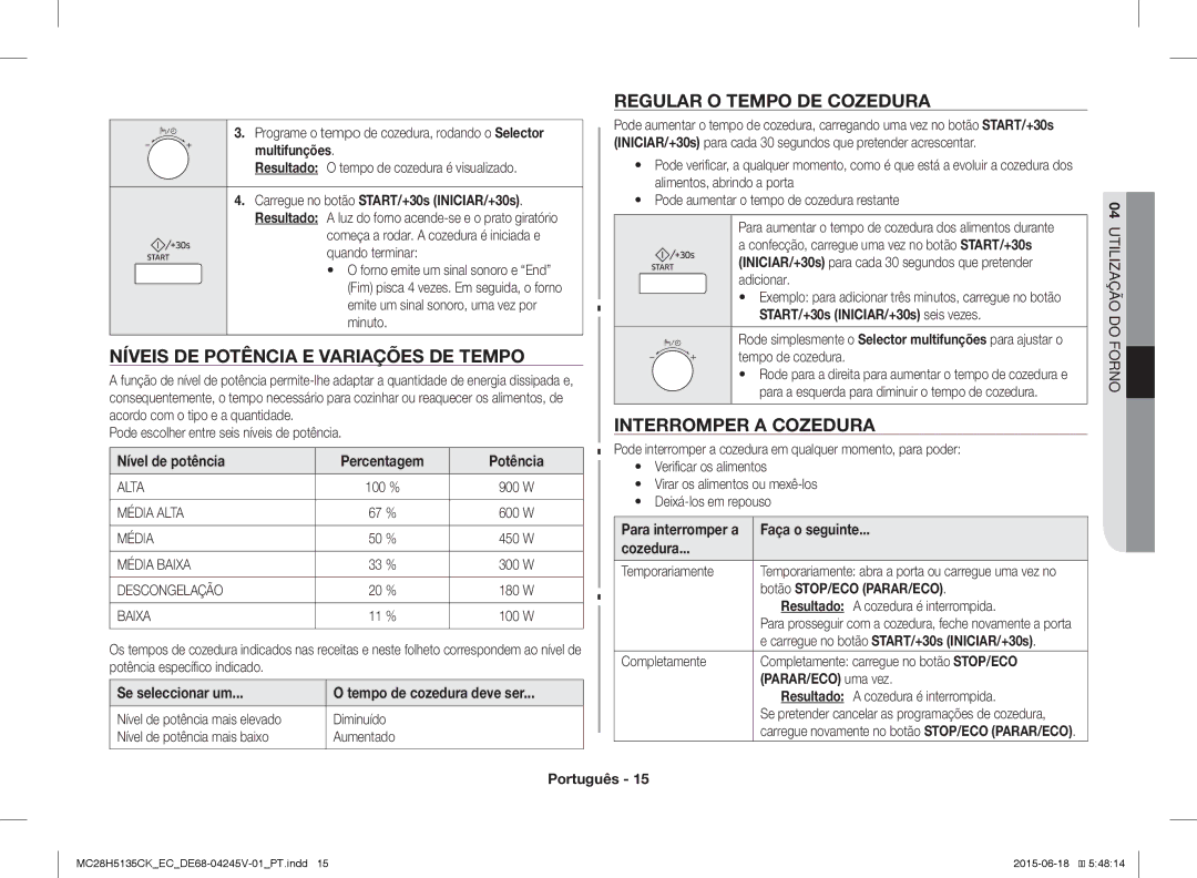 Samsung MC28H5135CK/EC manual Níveis DE Potência E Variações DE Tempo, Regular O Tempo DE Cozedura, Interromper a Cozedura 