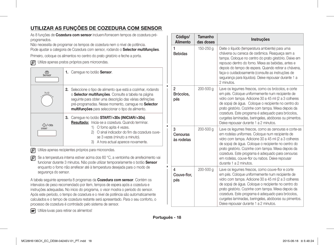 Samsung MC28H5135CK/EC manual Utilizar AS Funções DE Cozedura COM Sensor 