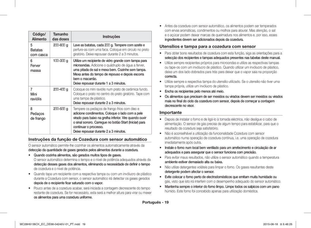 Samsung MC28H5135CK/EC manual Instruções da função de Cozedura com sensor automático 