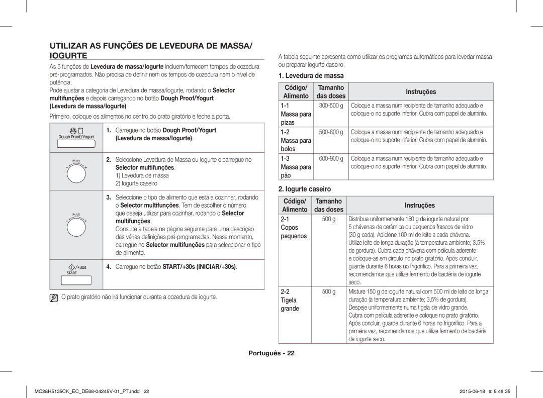 Samsung MC28H5135CK/EC manual Utilizar AS Funções DE Levedura DE MASSA/ Iogurte, Levedura de massa, Iogurte caseiro, Código 